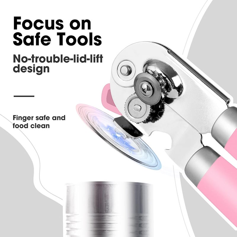 Beneno Heavy Duty Hand Can Opener Manual with Magnet, Durable Sharp Carbon Steel Blade Smooth Cutting, Big Effort-Saving Knob & Soft Grip Handle, Multifunctional Kitchen Tool with Bottle Opener, Pink - Image 4